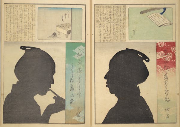 Japanese woodcut showing silhouettes of two figures facing each other, two pages of a book 