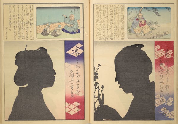 Japanese woodcut showing silhouettes of two figures facing each other, two pages of a book 