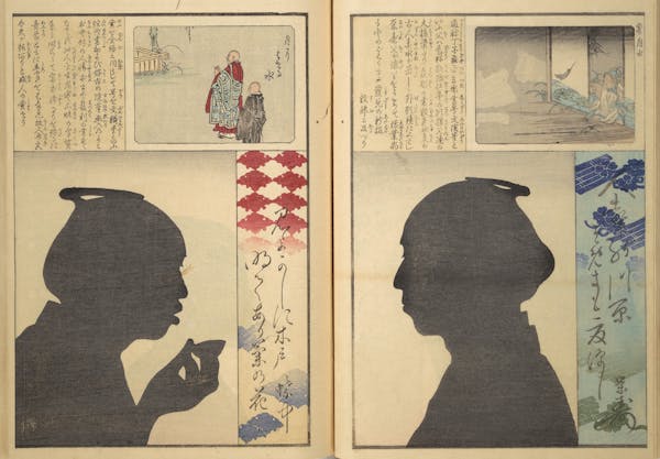 Japanese woodcut showing silhouettes of two figures facing each other, two pages of a book 