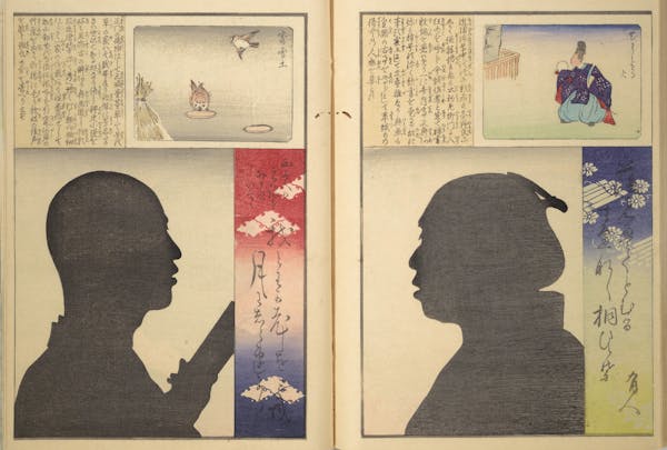 Japanese woodcut showing silhouettes of two figures facing each other, two pages of a book 