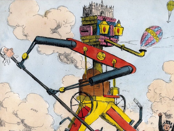 Colorful caricature of a large bipedal machine with large scissors, wheels, and gears and a head made of a pile of books with spine labels including 'History' and 'Mechanics', surrounded by clouds with a person's head in profile floating nearby