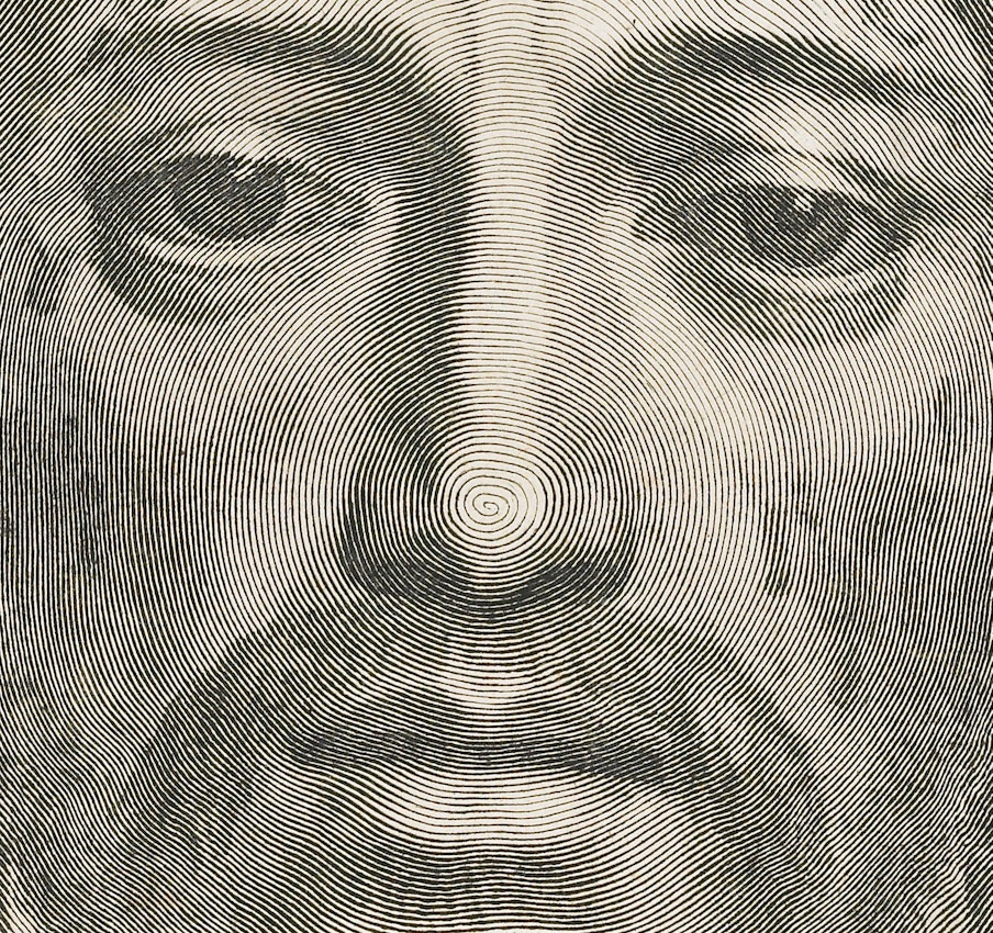 engraving of christ's face made with a single line