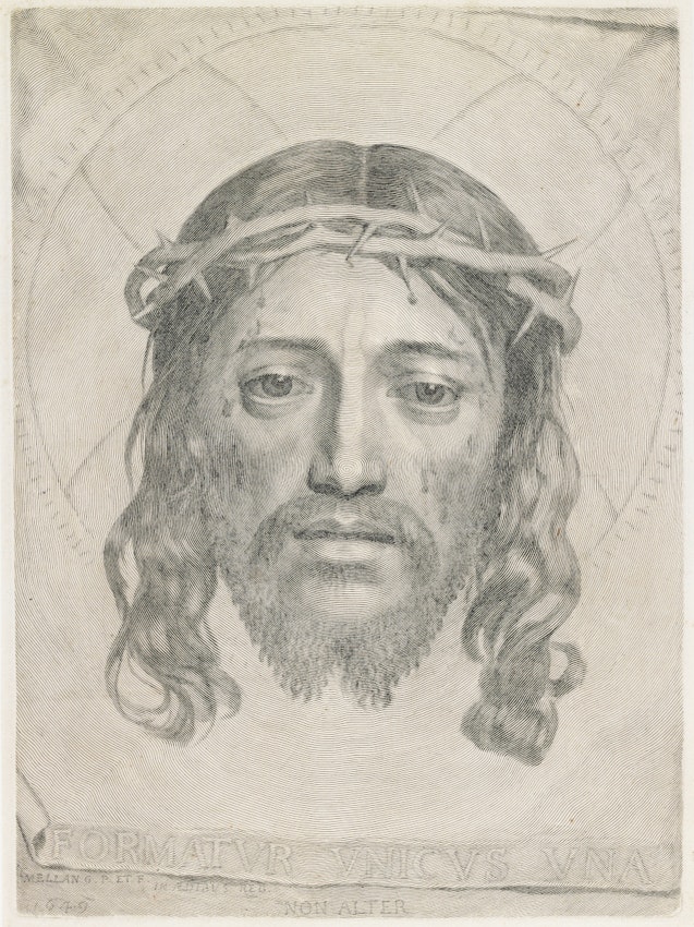 engraving of christ's face made with a single line