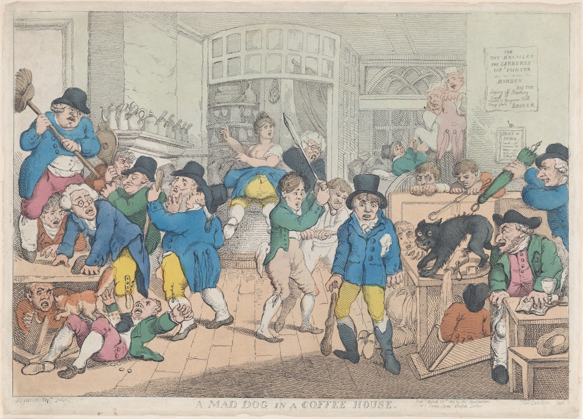 Hand-coloured etching of coffee house