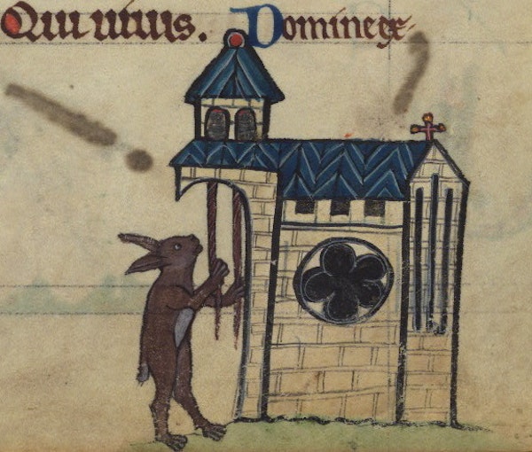 Rabbit tolling church bells, detail from fol. 81r.