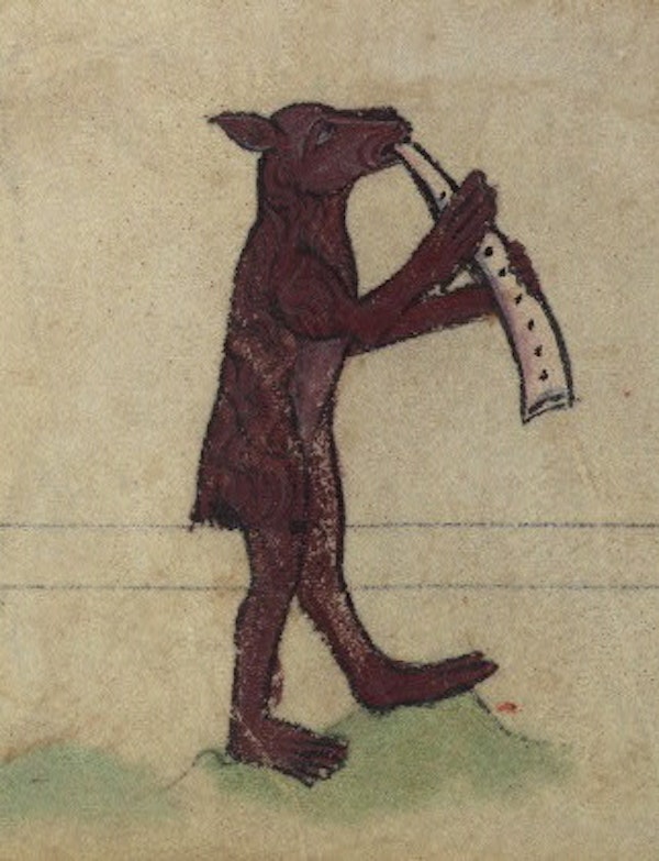 Bear blowing a horn, detail from fol. 79v.