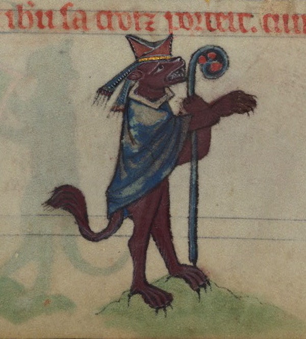 Ysengrin the Wolf (arch enemy of Reynard) as a bishop, detail from fol. 78r.