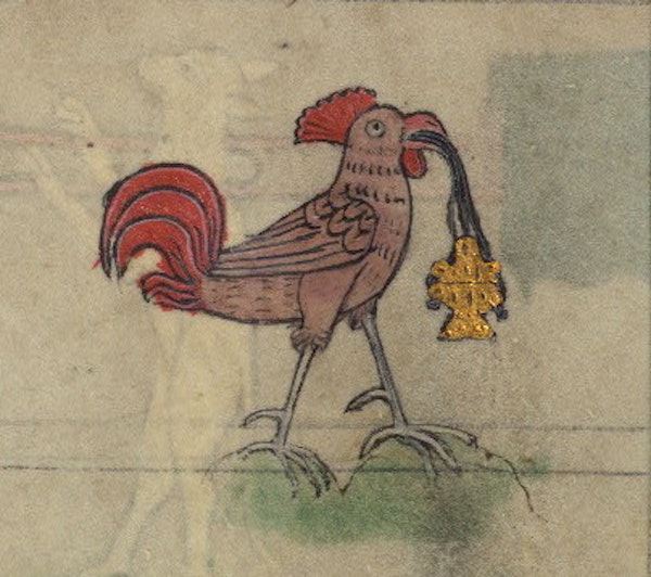 Chanticleer the Cock swinging a censer, detail from fol. 77v.