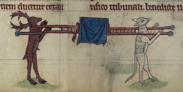 Brechimer the Stag and Tibert the Cat carrying Reynard the Fox's bier, detail from fol. 76v and fol. 77r.
