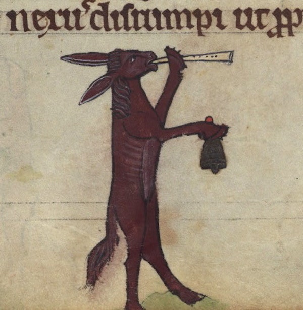 Ass playing a recorder and bell, detail from fol. 75r.