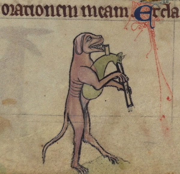Dog playing bagpipes, detail from fol. 75v.