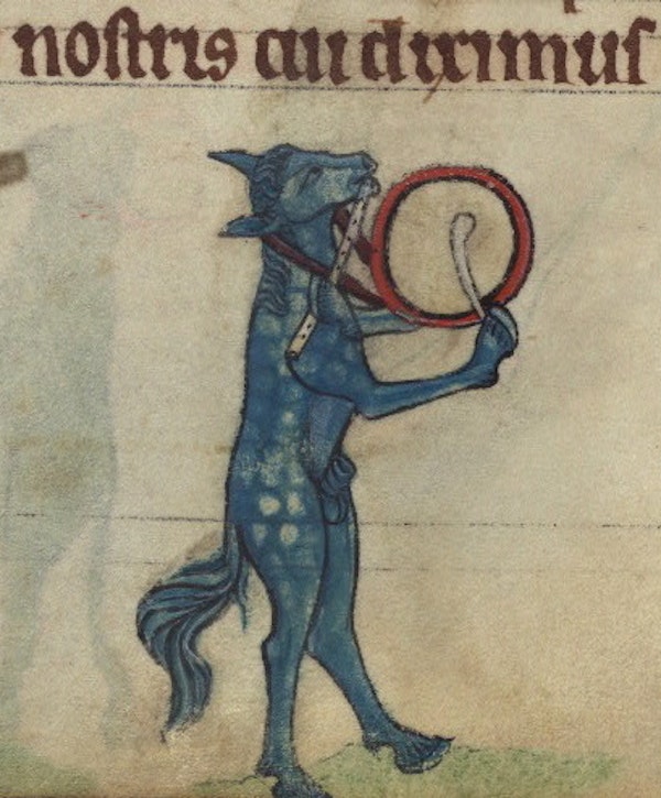 Horse playing a flute and drum, detail from fol. 74v.