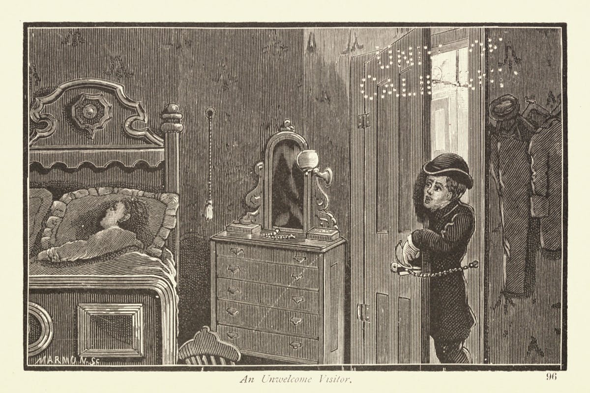 Illustration of thief entering the room of a sleeping victim