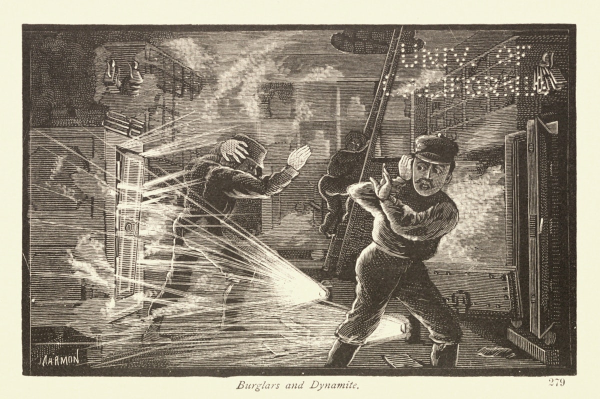 Illustration of bank vaults exploding and guards fleeing