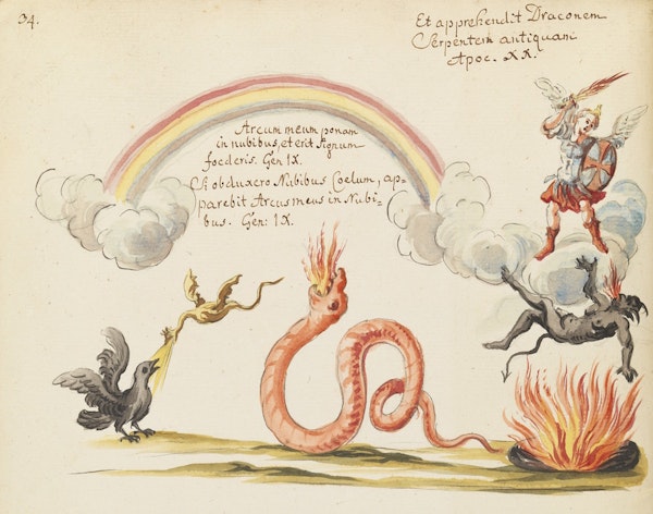 rainbow and a warrior standing on a cloud attacking three monsters