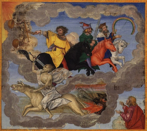 Miniature in the Ottheinrich Bible (ca. 1530), depicting The Four Horsemen of the Apocalypse, on of whom is brandishing a rainbow
