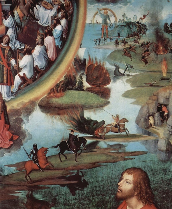 Detail from a Hans Memling painting depicting scenes from The Book of Revelation