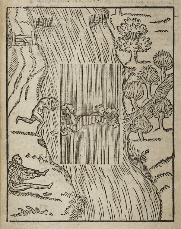 Woodcut of swimming figures