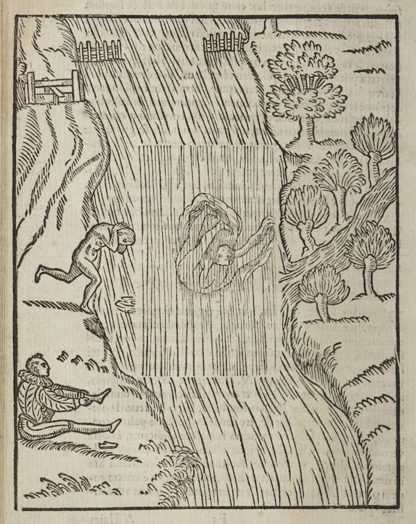 Woodcut of swimming figures