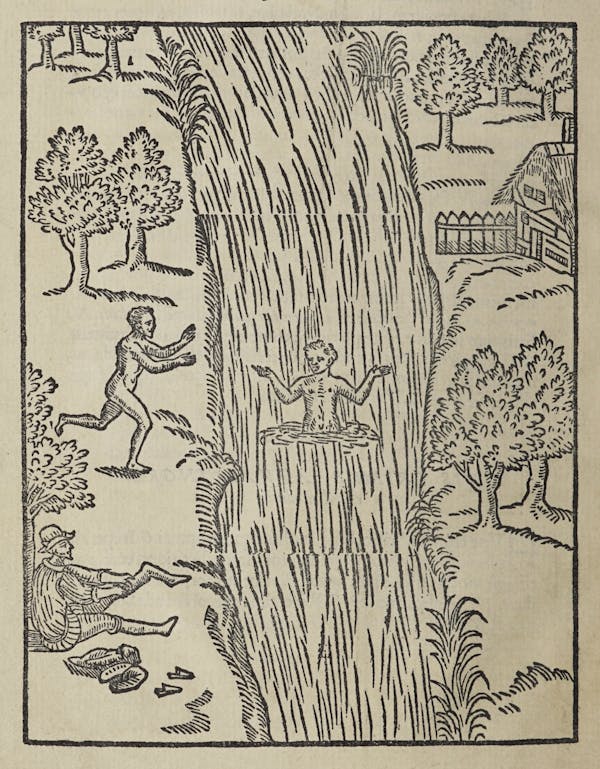 Woodcut of swimming figures