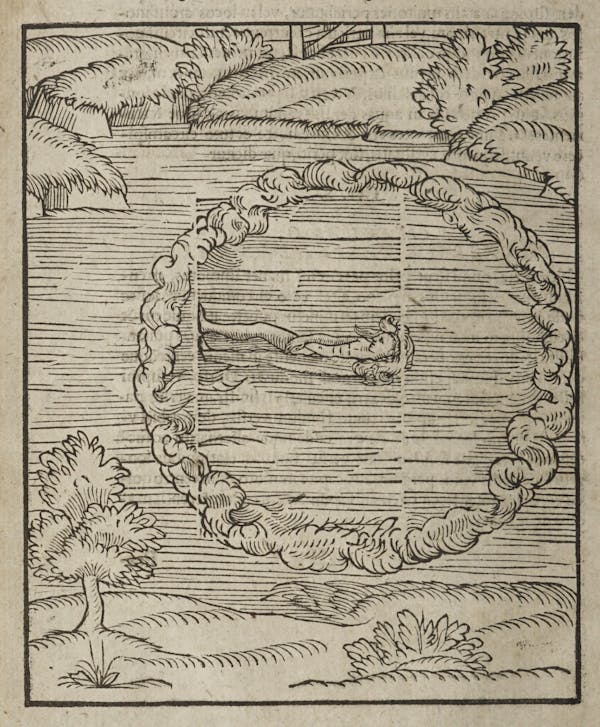 Woodcut of swimming figures