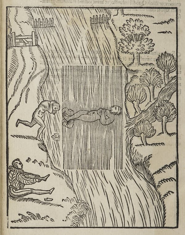 Woodcut of swimming figures