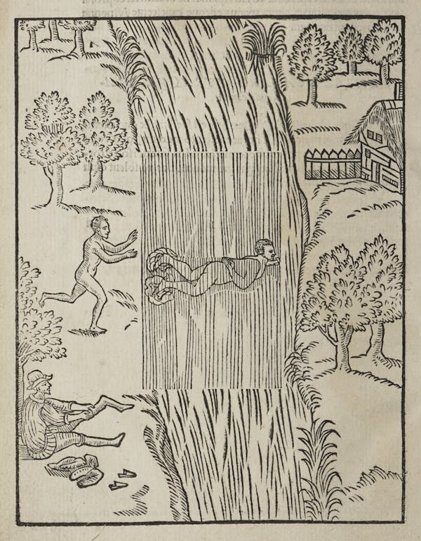 Woodcut of swimming figures