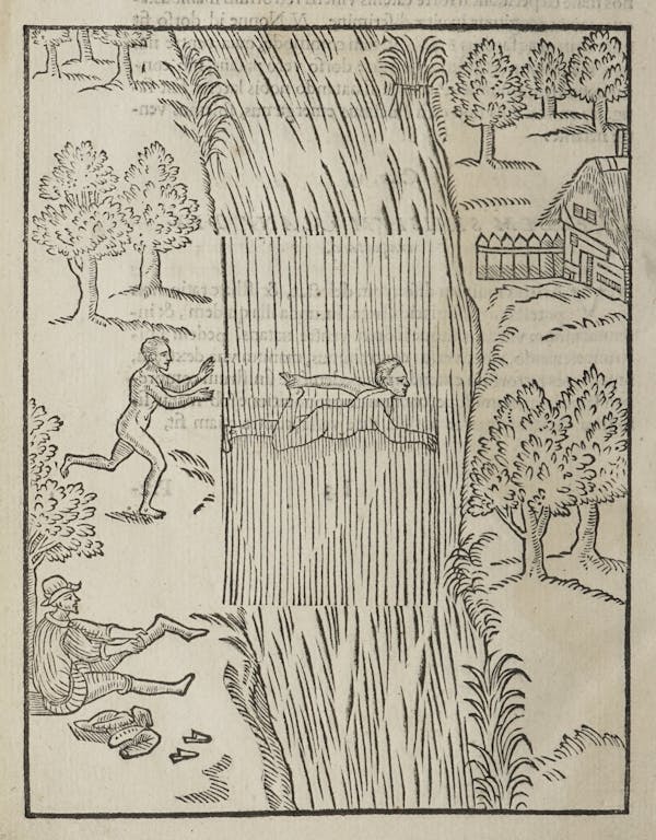 Woodcut of swimming figures