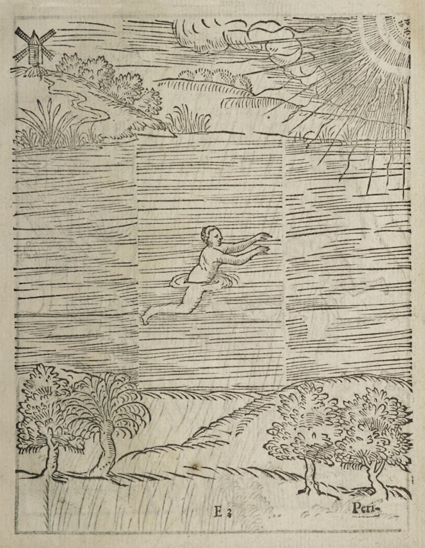Woodcut of swimming figures