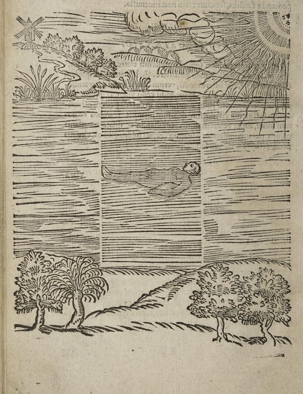 Woodcut of swimming figures