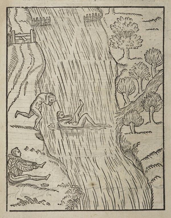 Woodcut of swimming figures