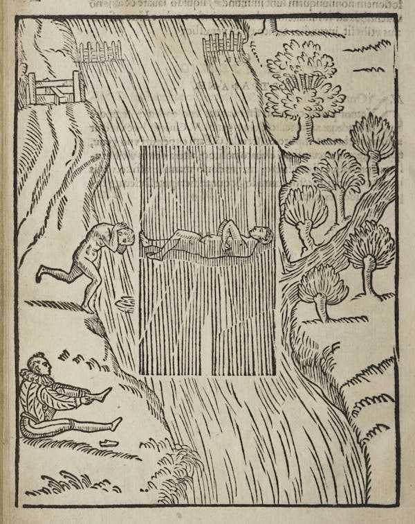 Woodcut of swimming figures