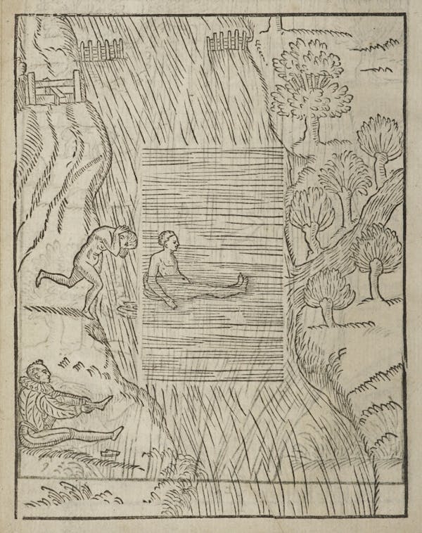 Woodcut of swimming figures