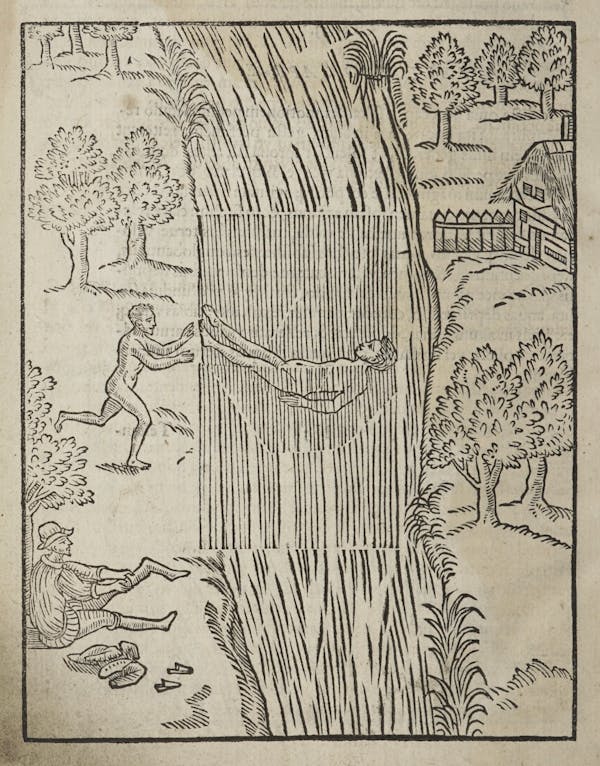 Woodcut of swimming figures