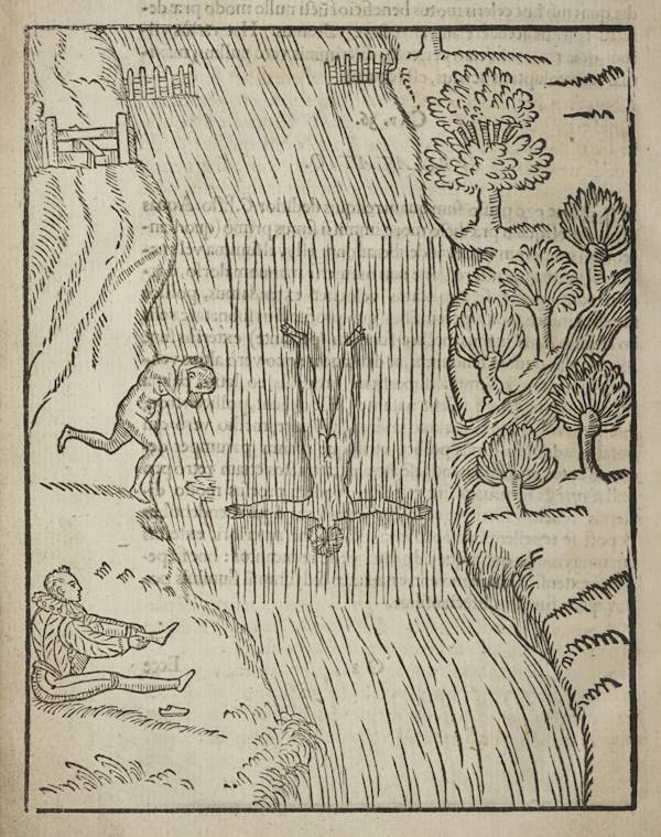 Woodcut of swimming figures