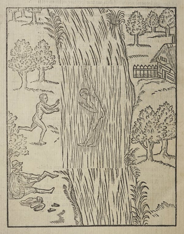 Woodcut of swimming figures