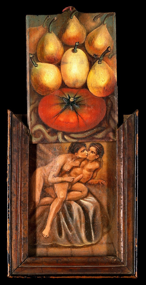 V0018458 Still life of roses and fruit with concealed erotic sce