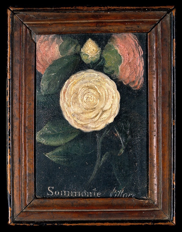 V0018454 Still life of roses and fruit with concealed erotic sce