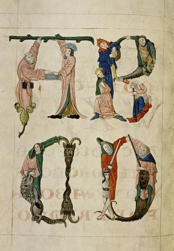 Page from a Tudor pattern book, (ca. 1520) human alphabet