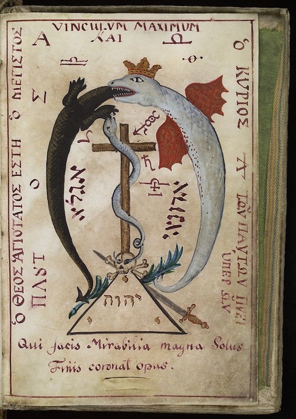 L0036628 Dragon devouring a lizard, from Cyprianus, 18th C