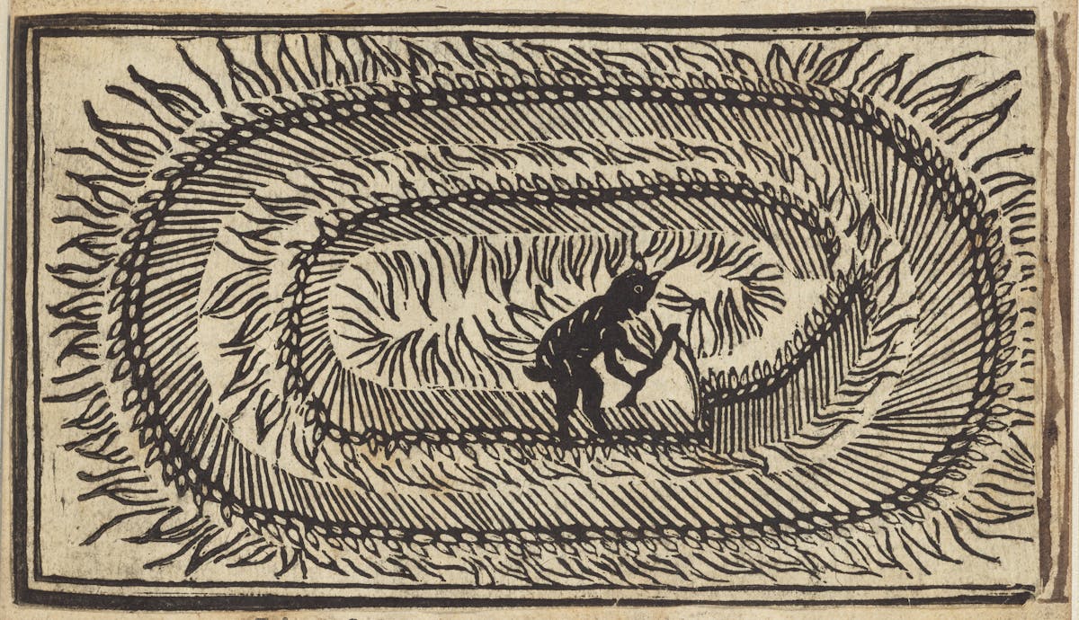 Woodcut featuring image of a devil mowing crops