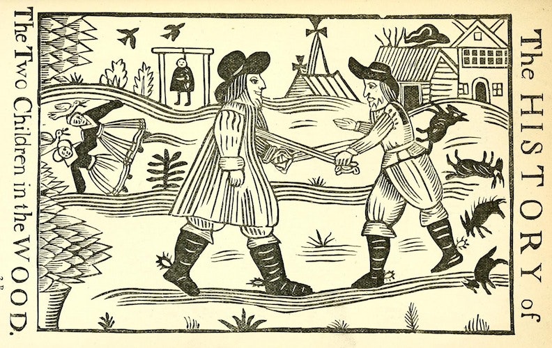 two guys fighting with swords, for some reason titled 'the history of the two children in the wood'
