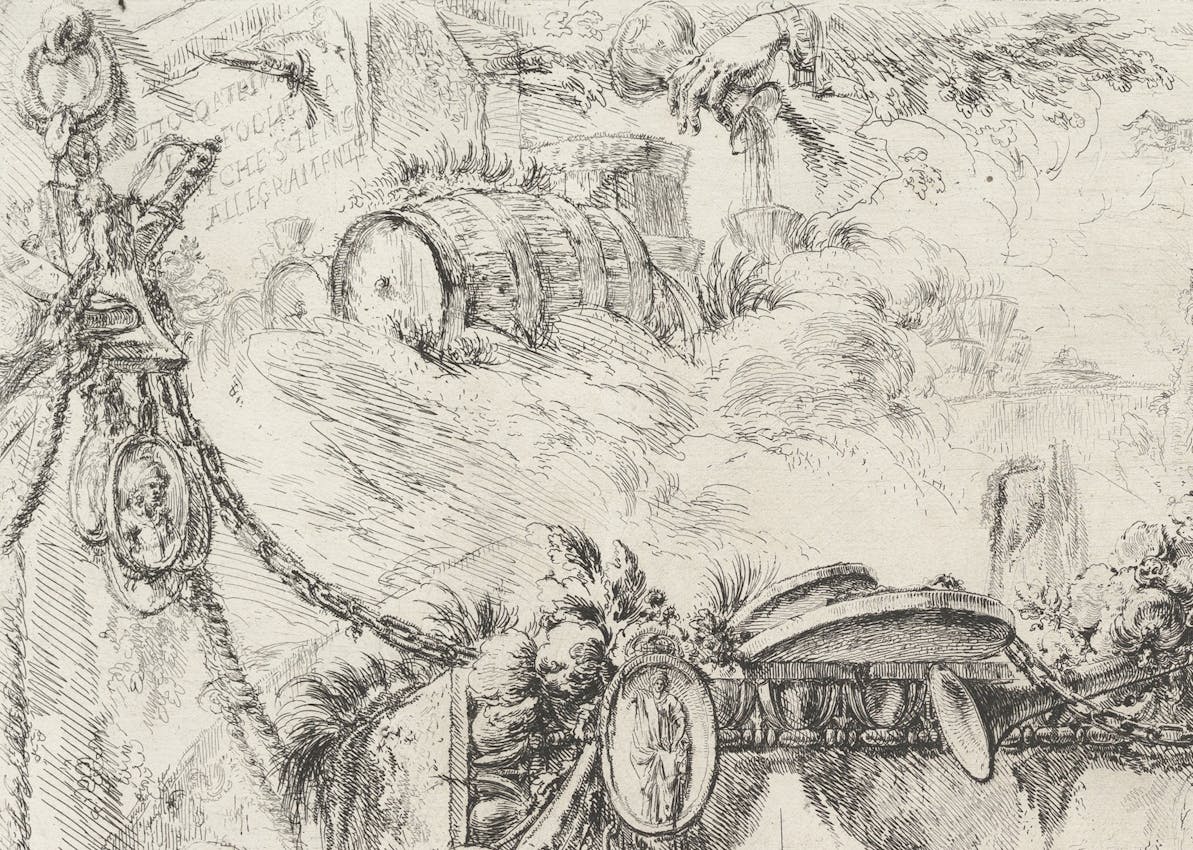 A detail from larger scene including wine barrel on its side