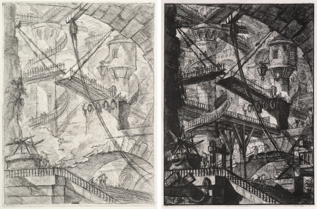A tangled composition of bridges, stairs, and towers shown in contrasting lighter and darker etchings