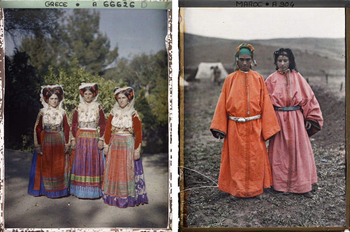 Left image shows three women in Greek folk costume with embroidered vests, layered skirts and ornate headdresses. Right image shows two people in flowing Moroccan robes of orange and pink with decorative belts.