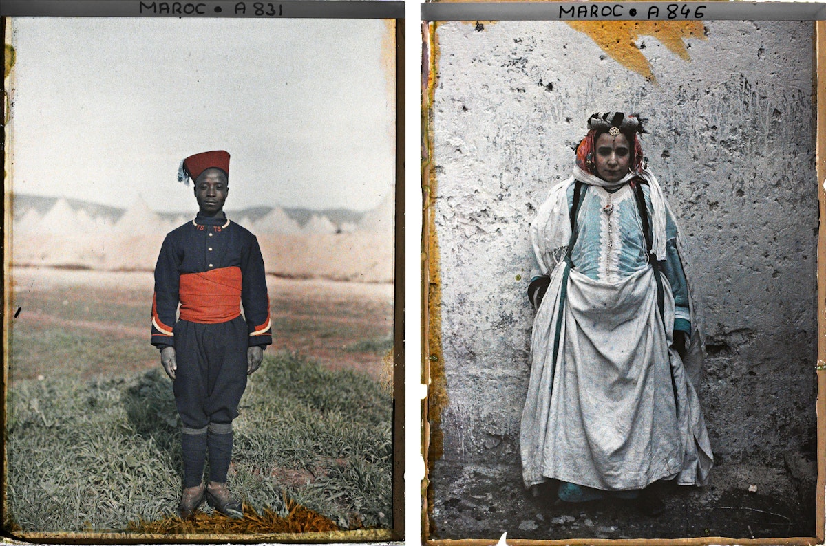 Left image shows soldier in navy uniform with red sash and fez standing in grassy field. Right image shows woman in white and blue traditional dress with ornate headdress against stone wall.