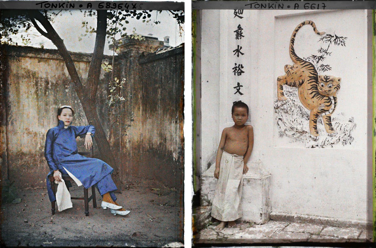 Left image shows woman in blue áo dài dress sitting on wooden chair against weathered wall. Right image shows shirtless boy standing beside wall painting of tiger with Chinese characters.