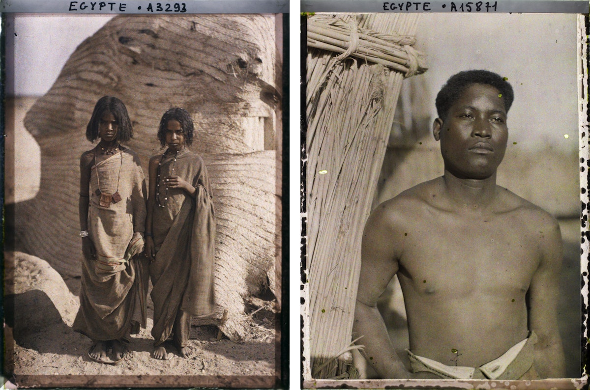 Portrait-style photographs from Egypt featuring two women in wrapped cloth garments against stone structure and close-up of bare-chested man with short hair next to woven reed structure, capturing facial features with dignified expressions.