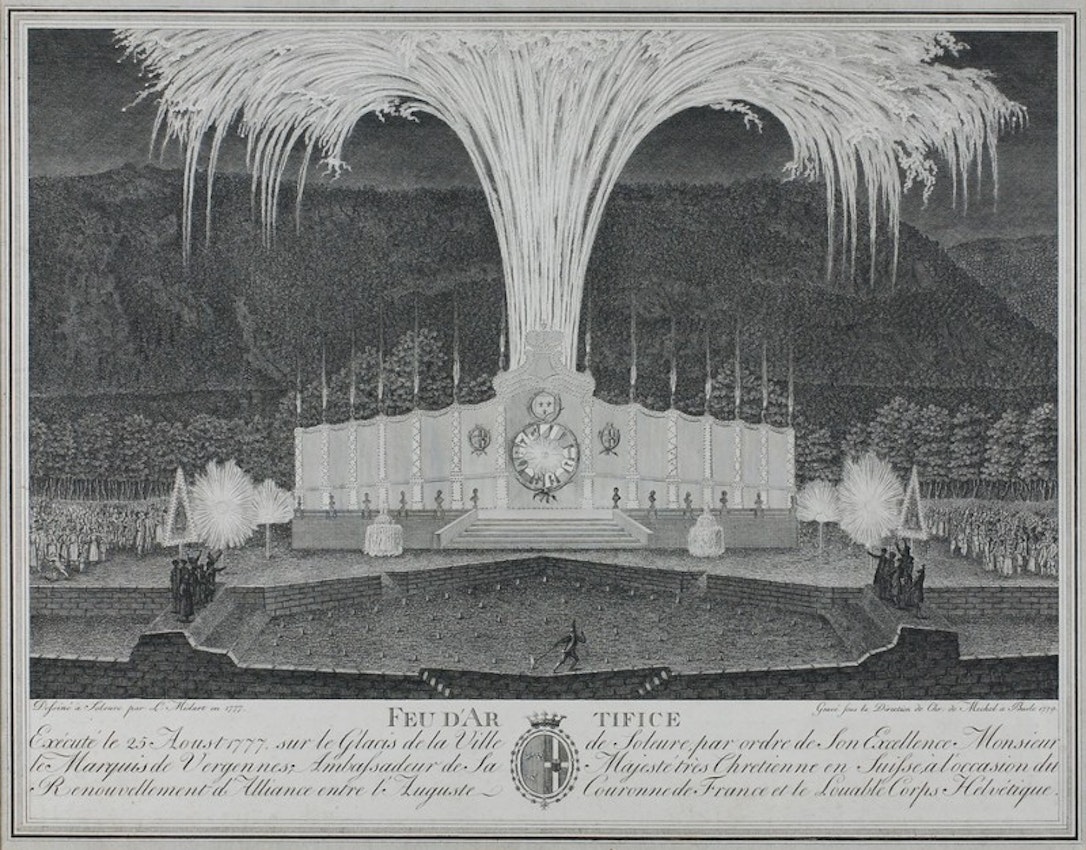 Fireworks display, etching, 18th century