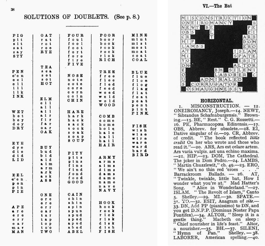  grid of words on left and crossword shaped like a bat to the right